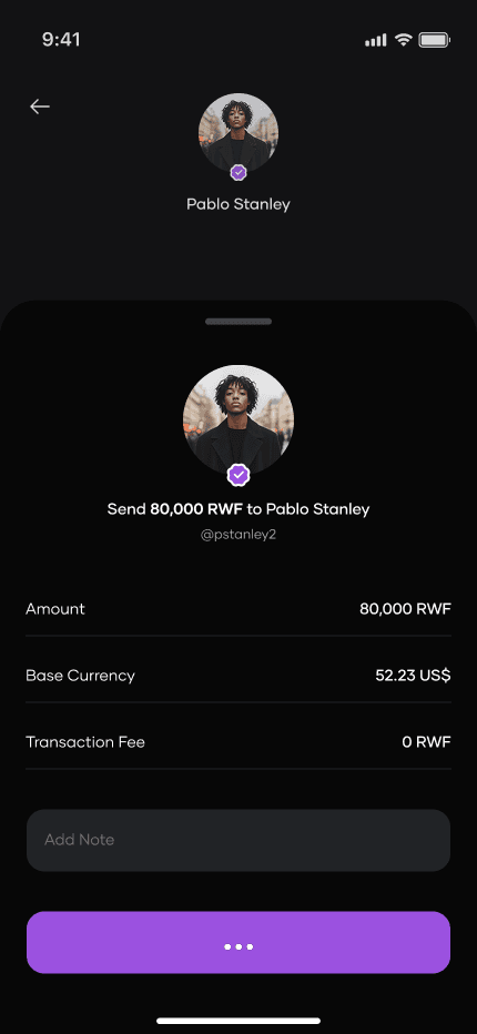 A transfer before confirmation, showing the amount, the exchange value and the fee